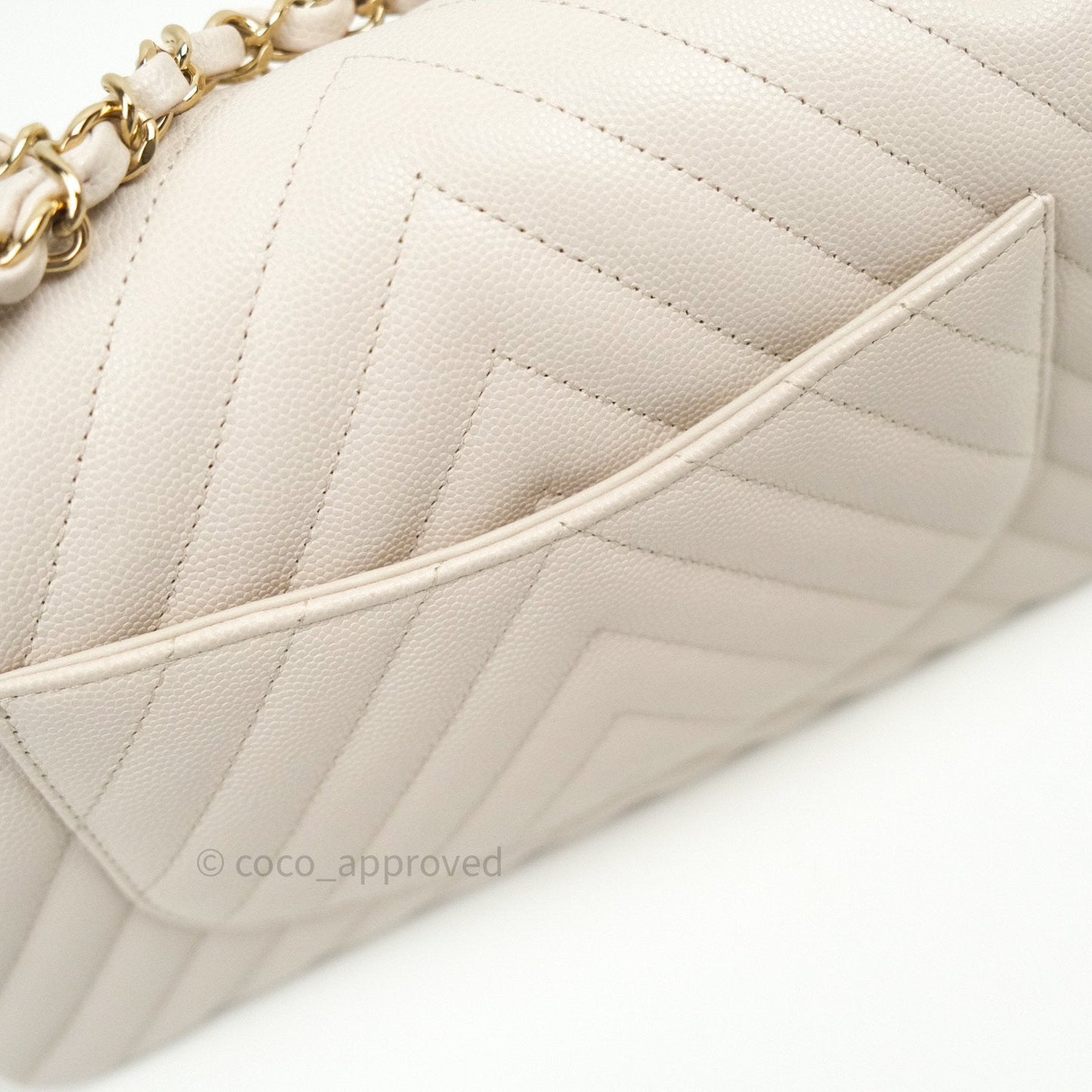 Chanel Classic M/L Medium Double Flap Chevron Ivory Caviar Gold Hardware