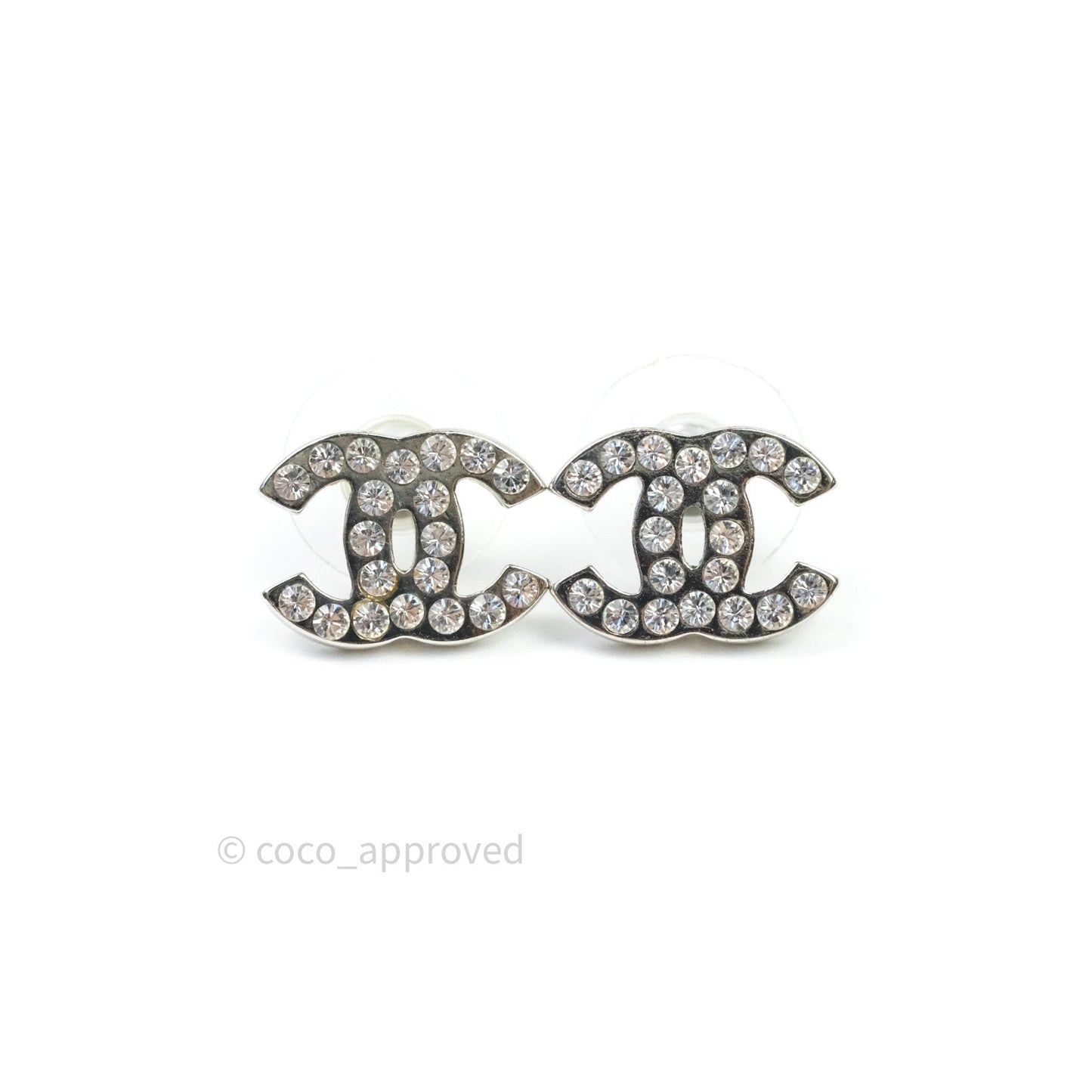 Chanel Crystal CC Earrings Silver Tone