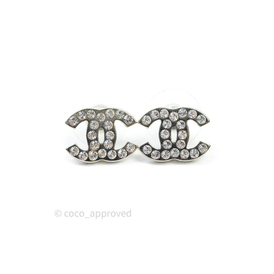 Chanel Crystal CC Earrings Silver Tone