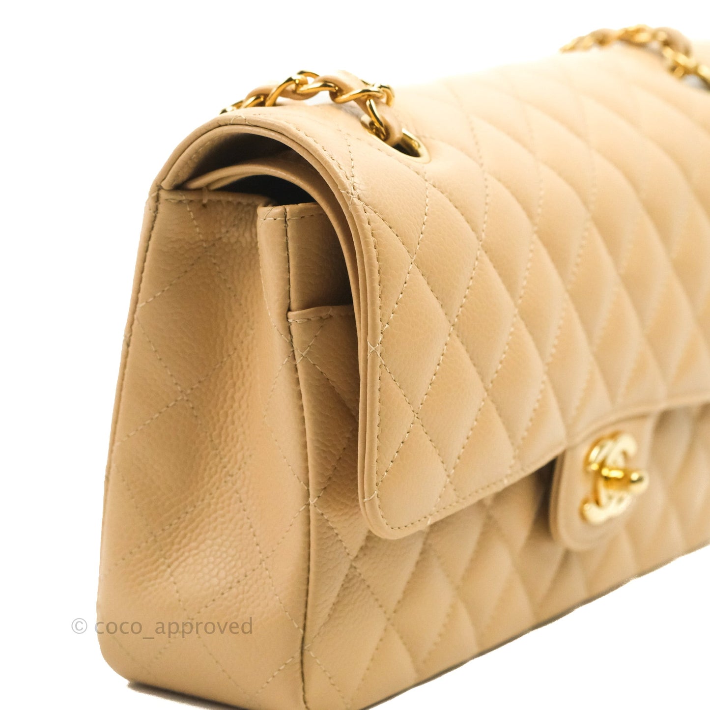 Chanel Classic M/L Medium Flap Quilted Beige Caviar Gold Hardware