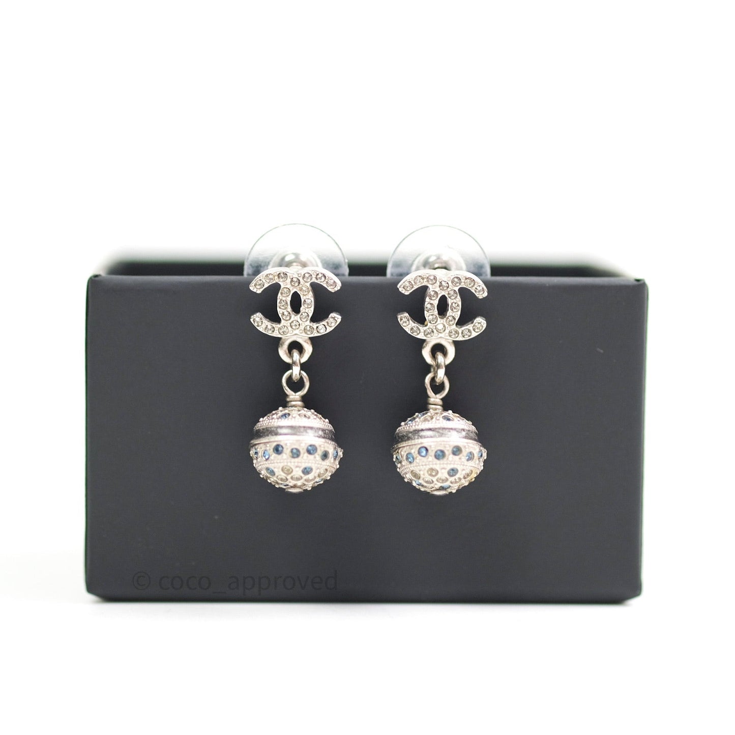 Chanel CC Drop Earrings Crystal Silver