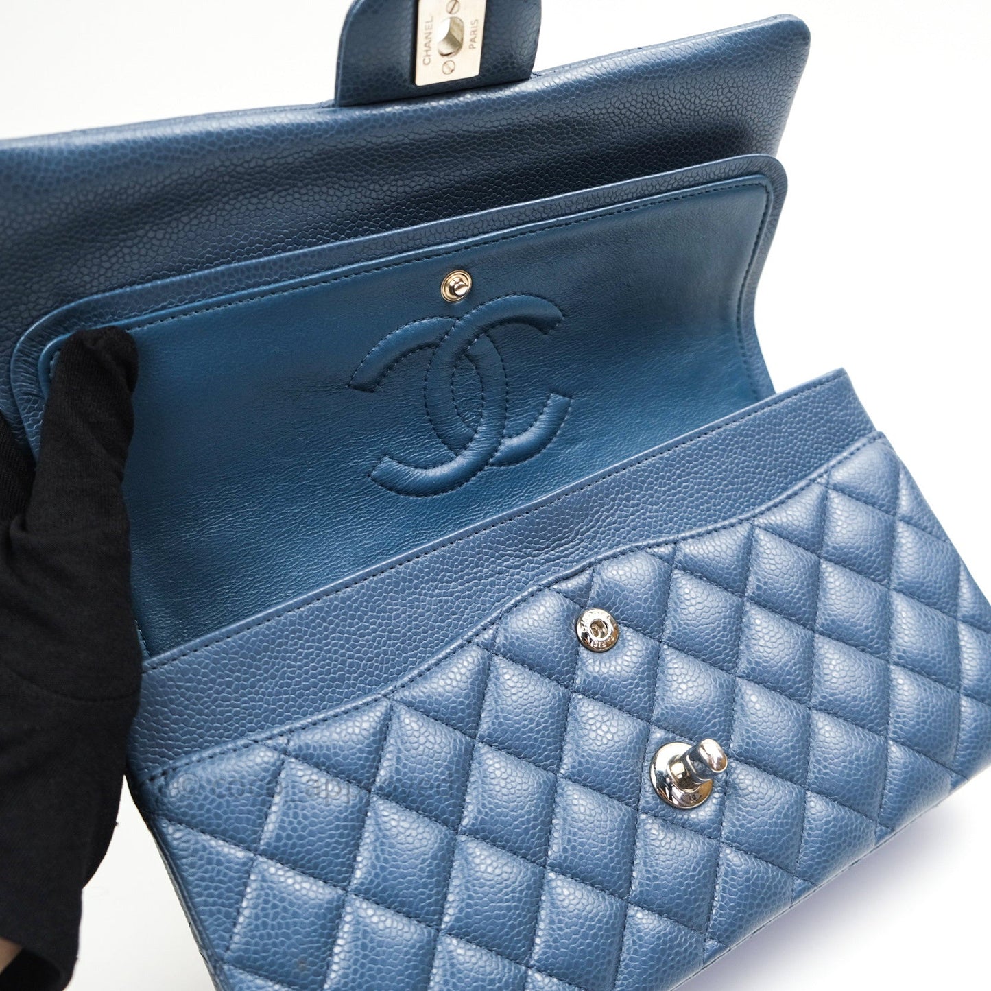 Chanel Classic Double Flap Quilted M/L Blue Caviar Silver Hardware
