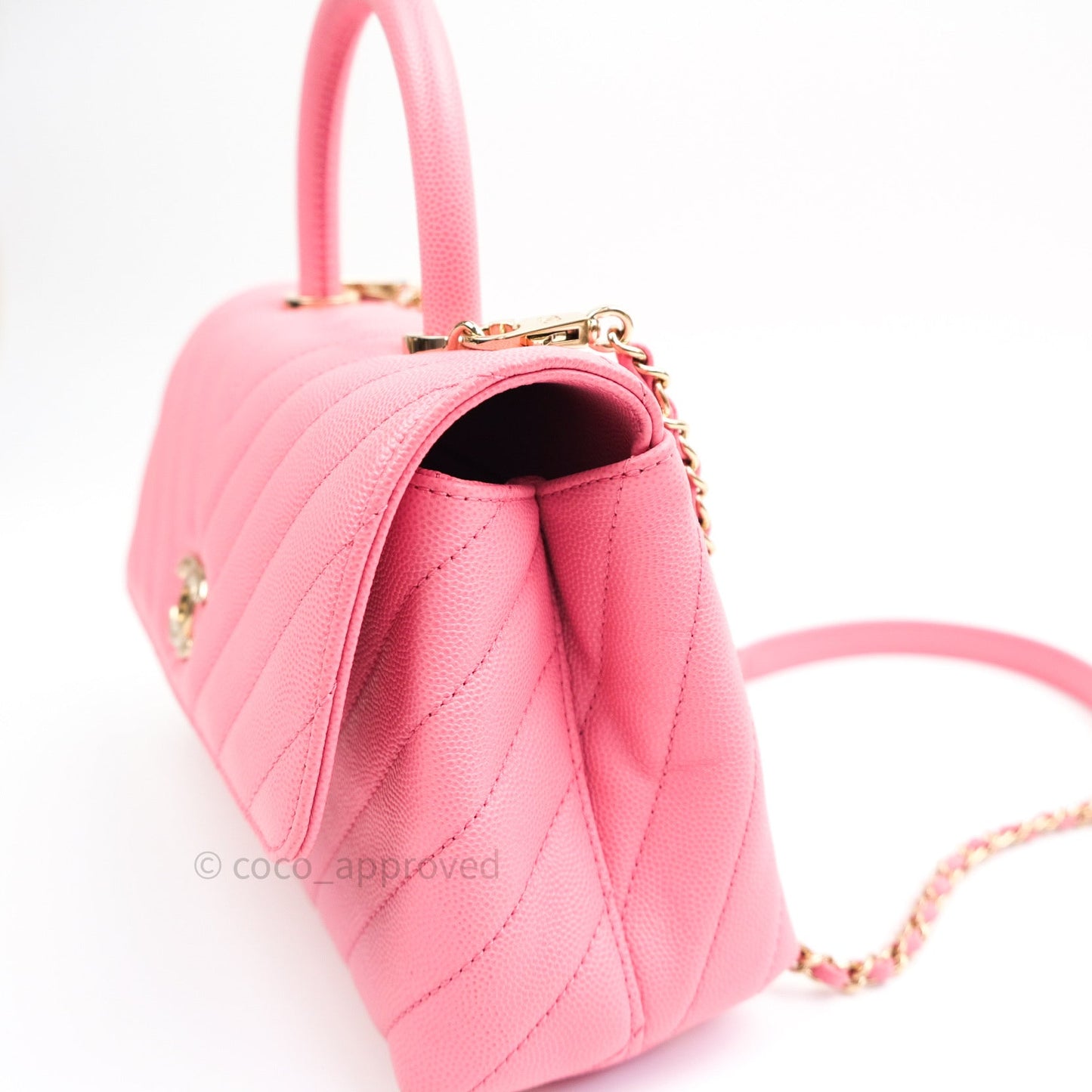 Chanel Mini Coco Handle Chevron Pink Caviar Quilted Gold Hardware