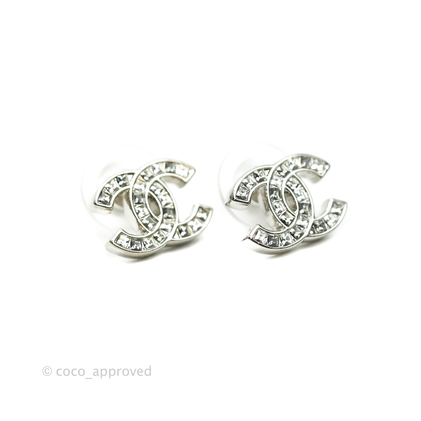 Chanel Crystal CC Earrings Silver Tone 20V