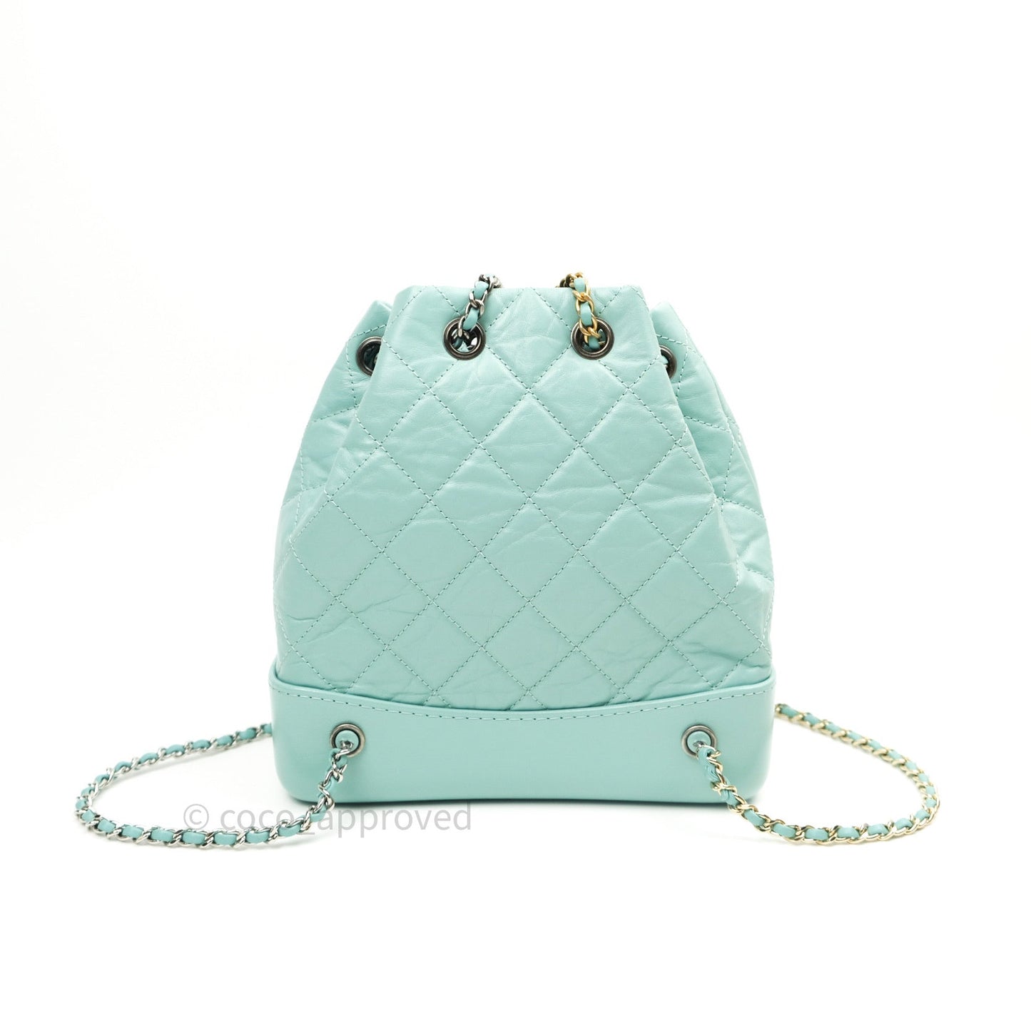 Chanel Gabrielle Backpack Black Aged Calfskin Small Tiffany Blue