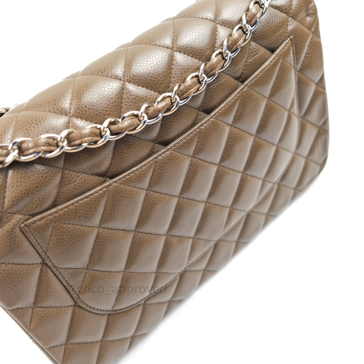Chanel Classic Double Flap Quilted Jumbo Double Flap Khaki Caviar Silver Hardware