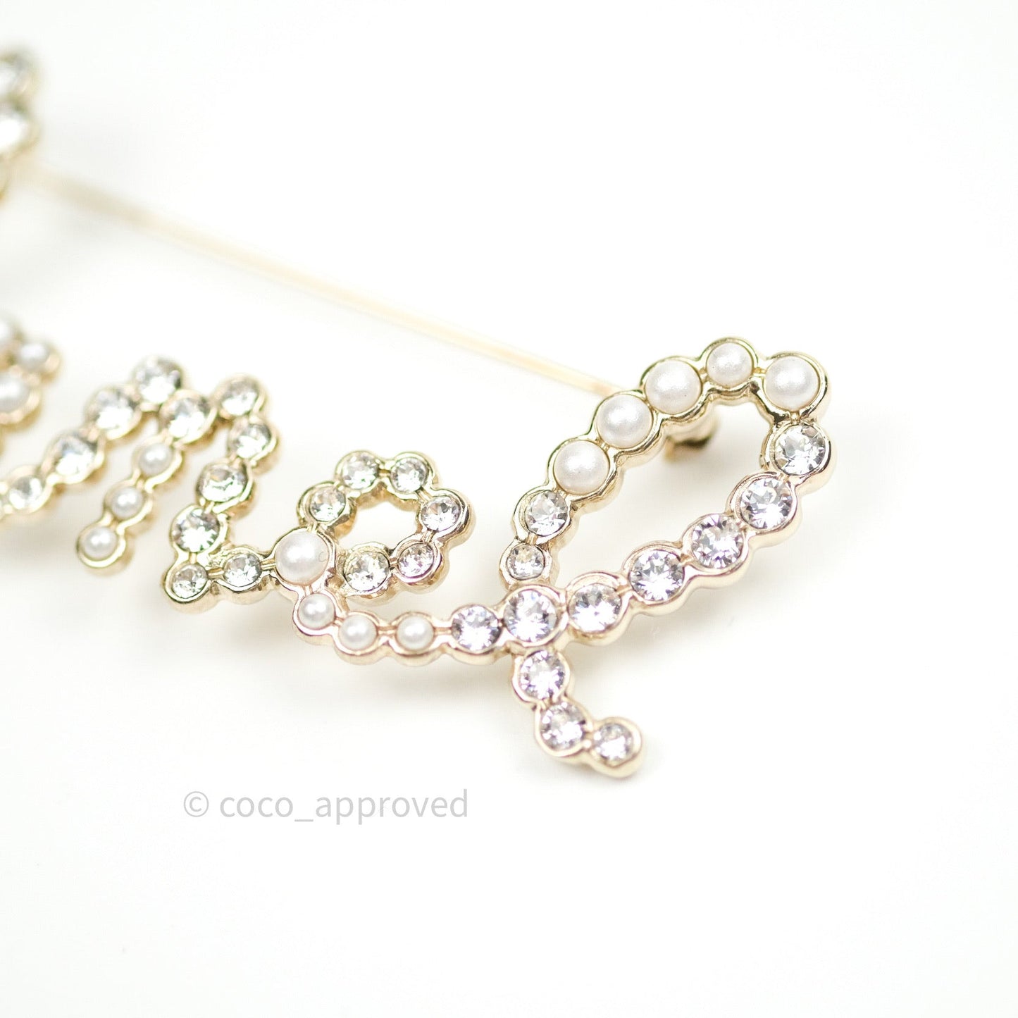 Chanel Logo Pearl Crystal Brooch Gold Tone 19K