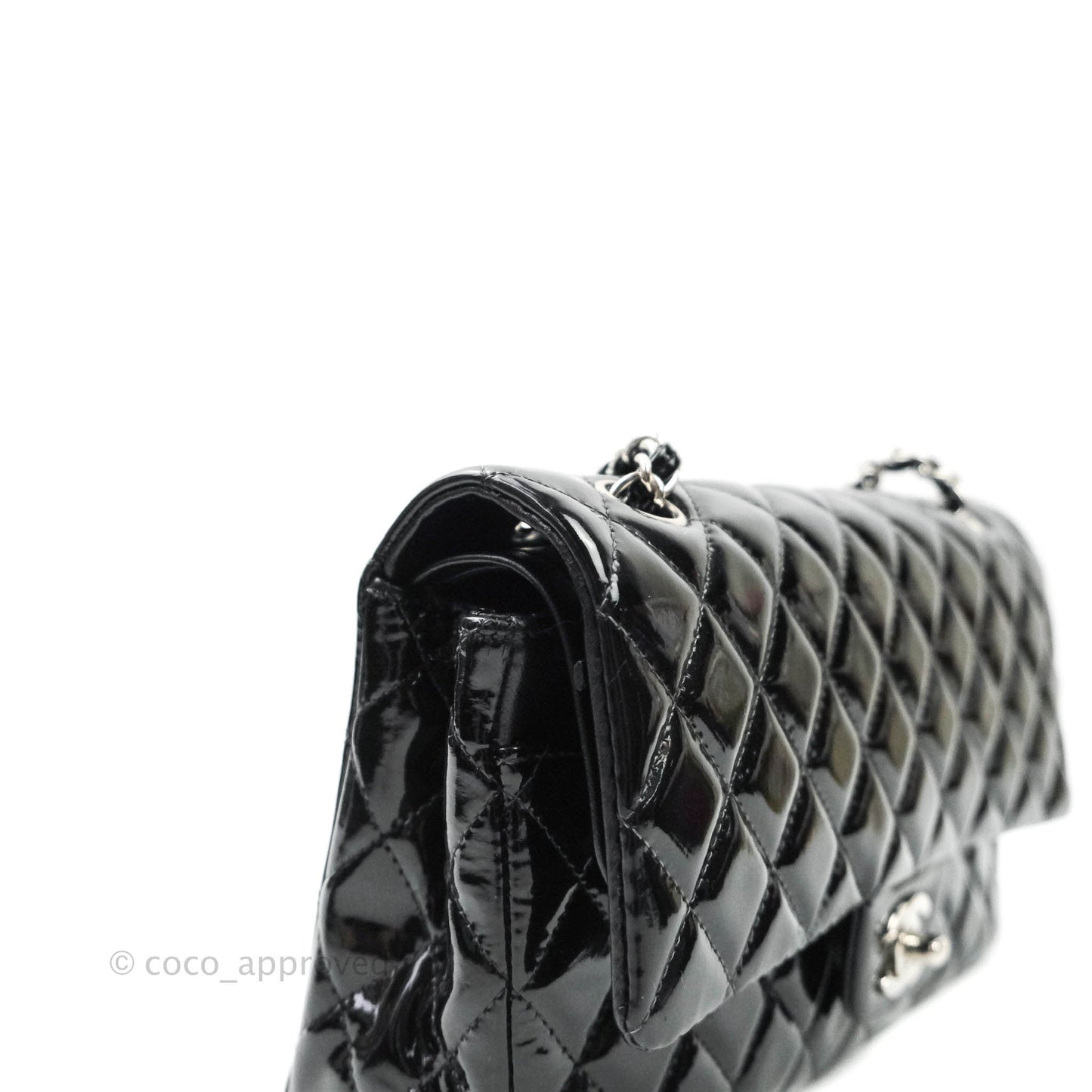 Chanel Classic M/L Medium Double Flap Bag Black Patent Silver Hardware