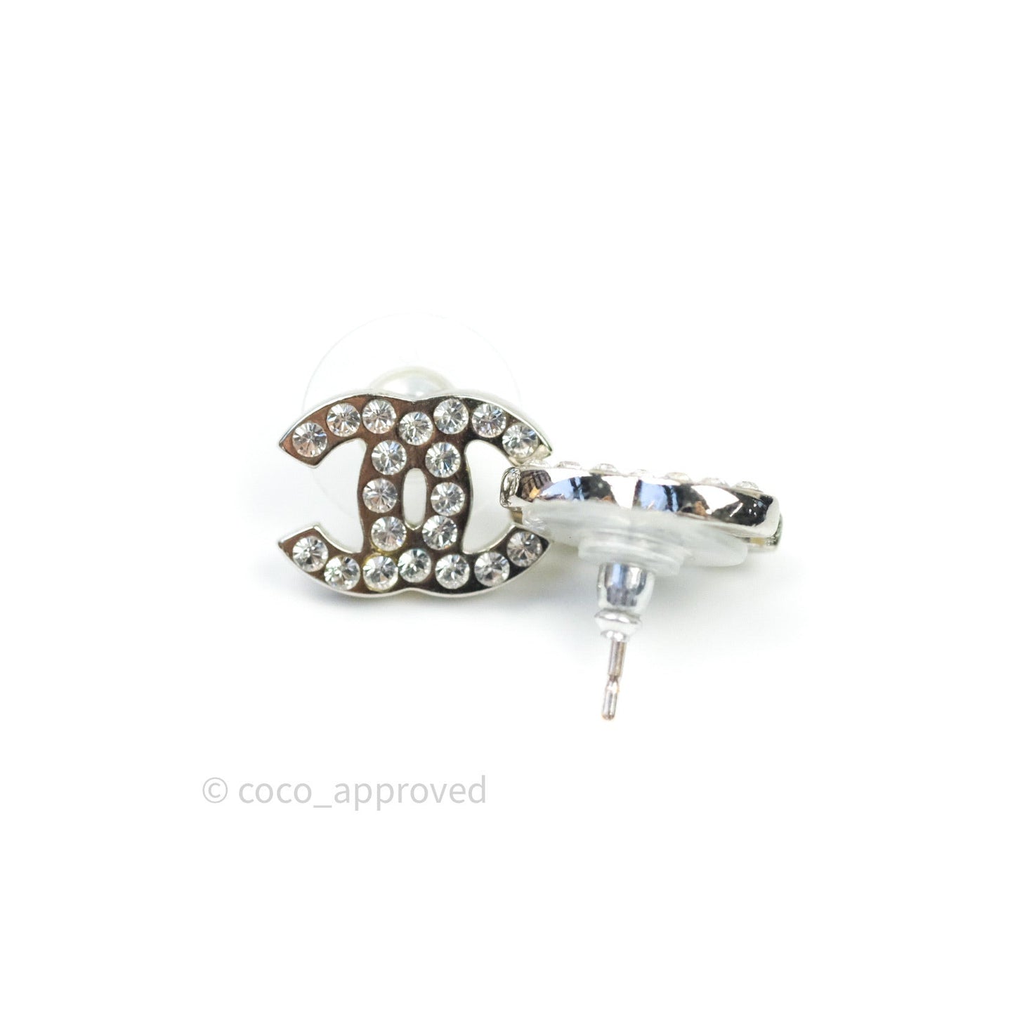 Chanel Crystal CC Earrings Silver Tone