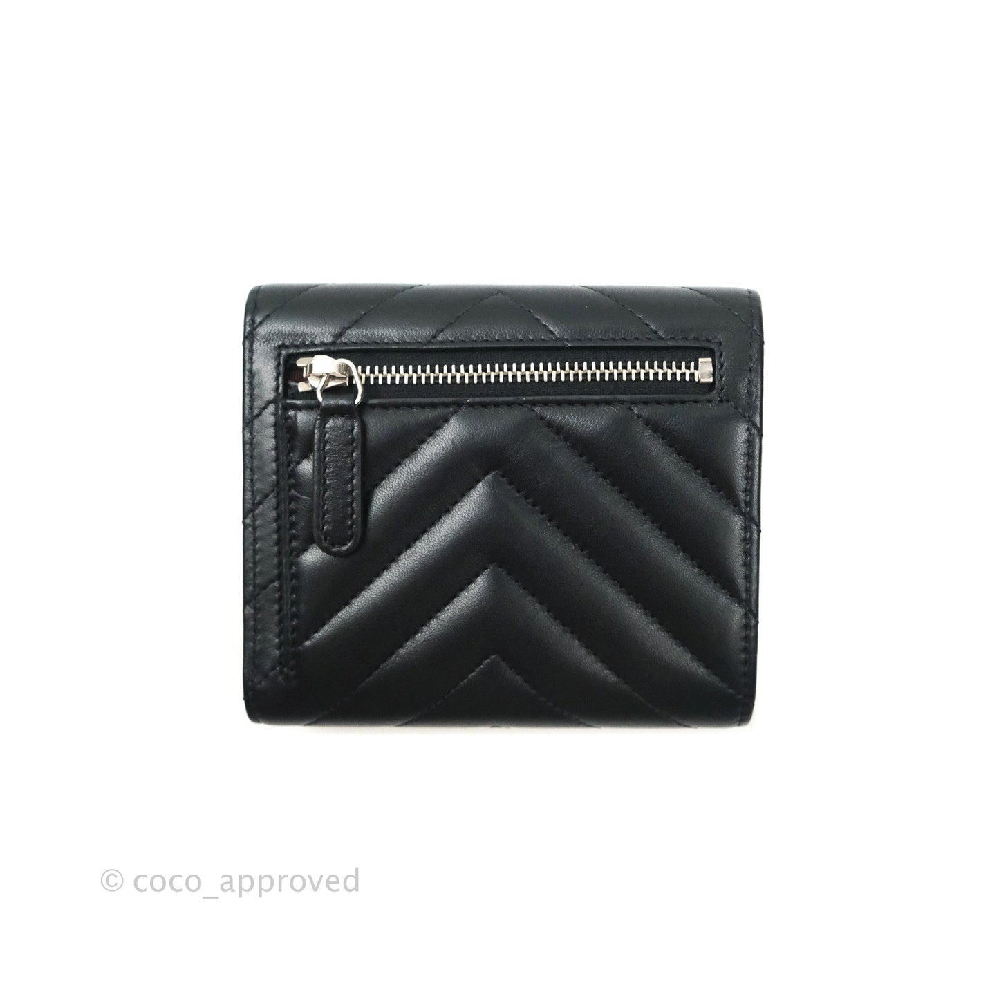 Chanel Chevron Small Compact Wallet Black Lambskin Silver Hardware