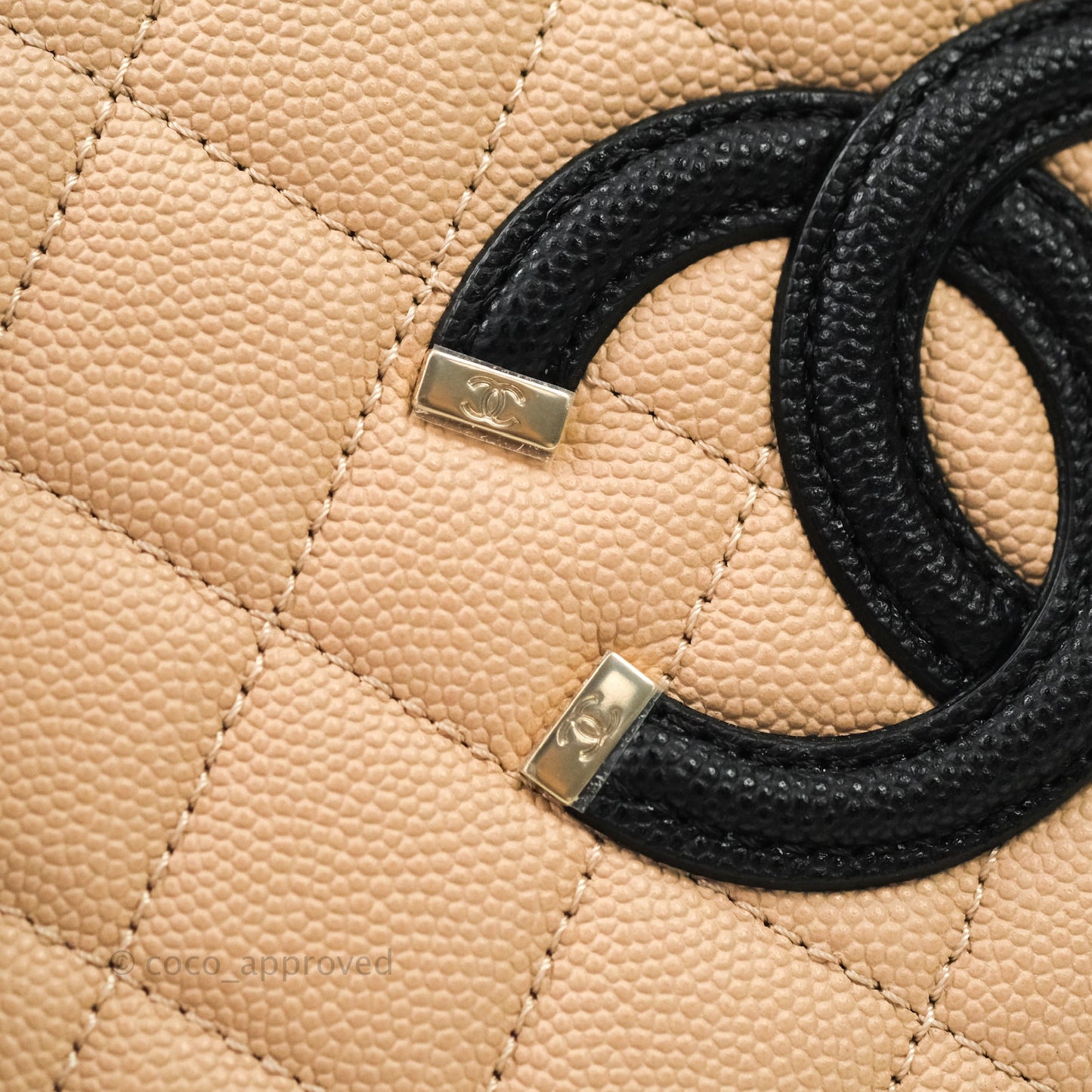 Chanel Quilted New Small CC Filigree Vanity Case Beige Caviar Gold Hardware