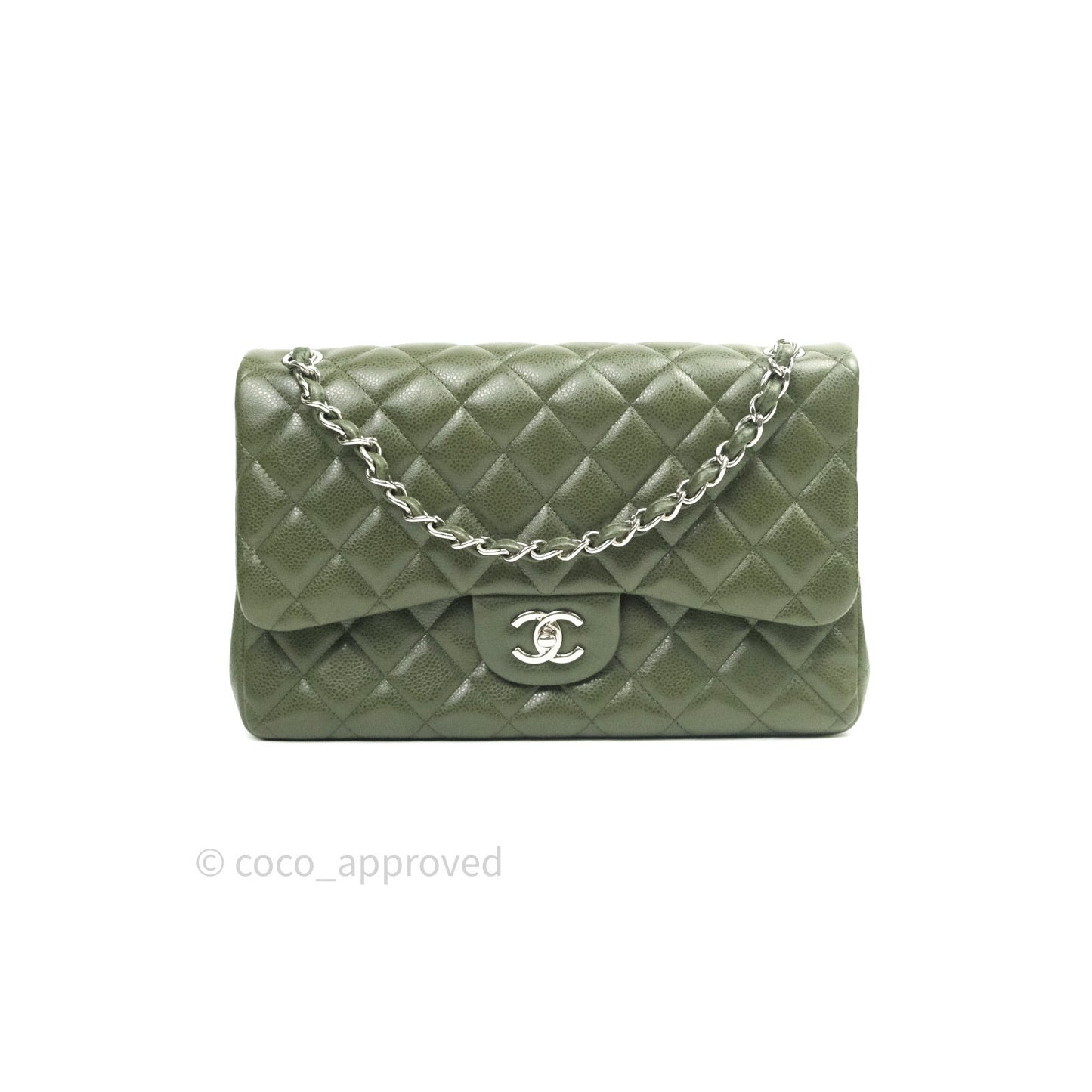 Chanel Classic Jumbo Double Flap Quilted Green Caviar Silver Hardware⁣⁣