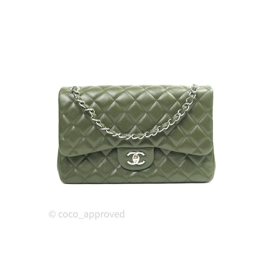 Chanel Classic Jumbo Double Flap Quilted Green Caviar Silver Hardware⁣⁣