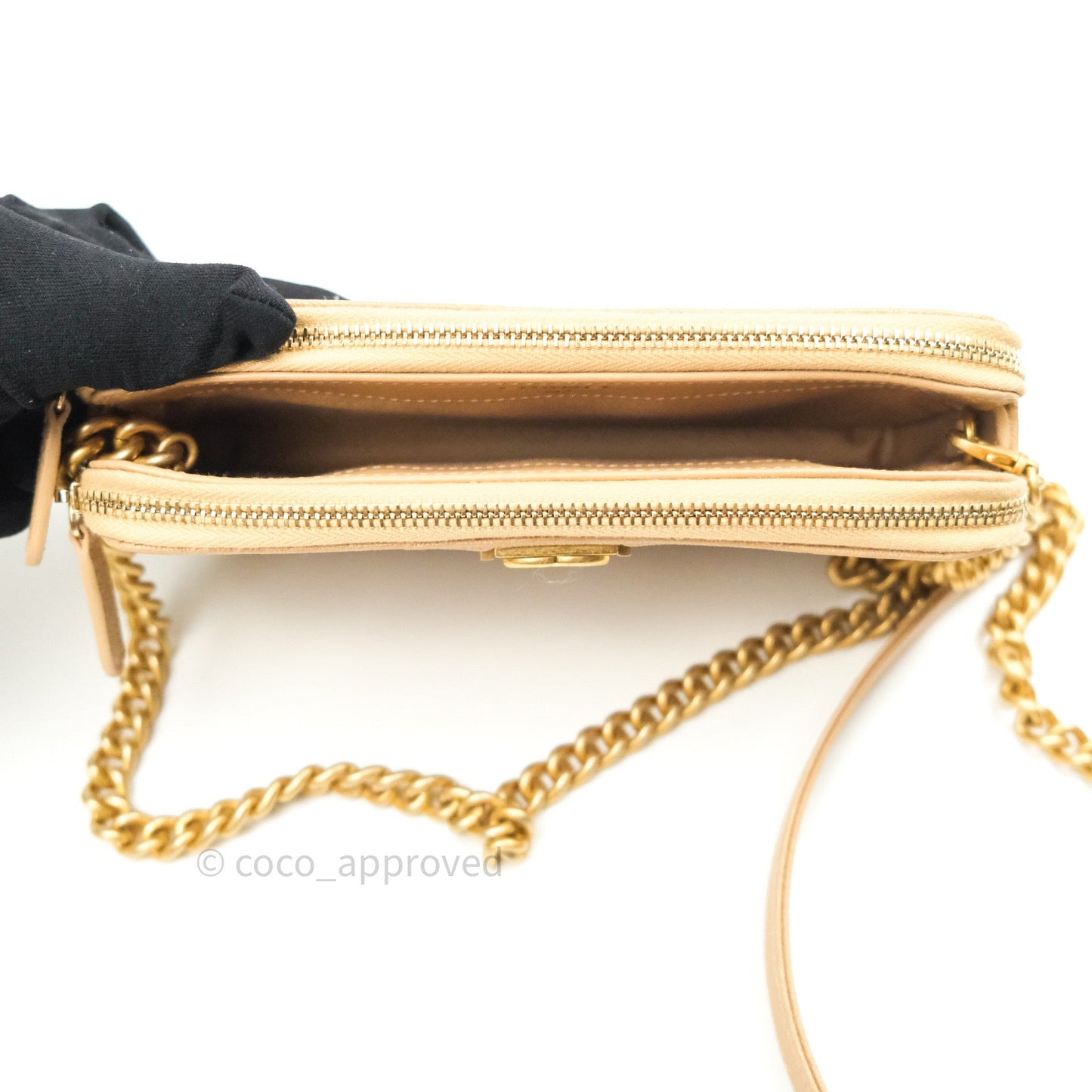 Chanel Boy Beige Quilted Caviar Clutch on Chain Gold Hardware