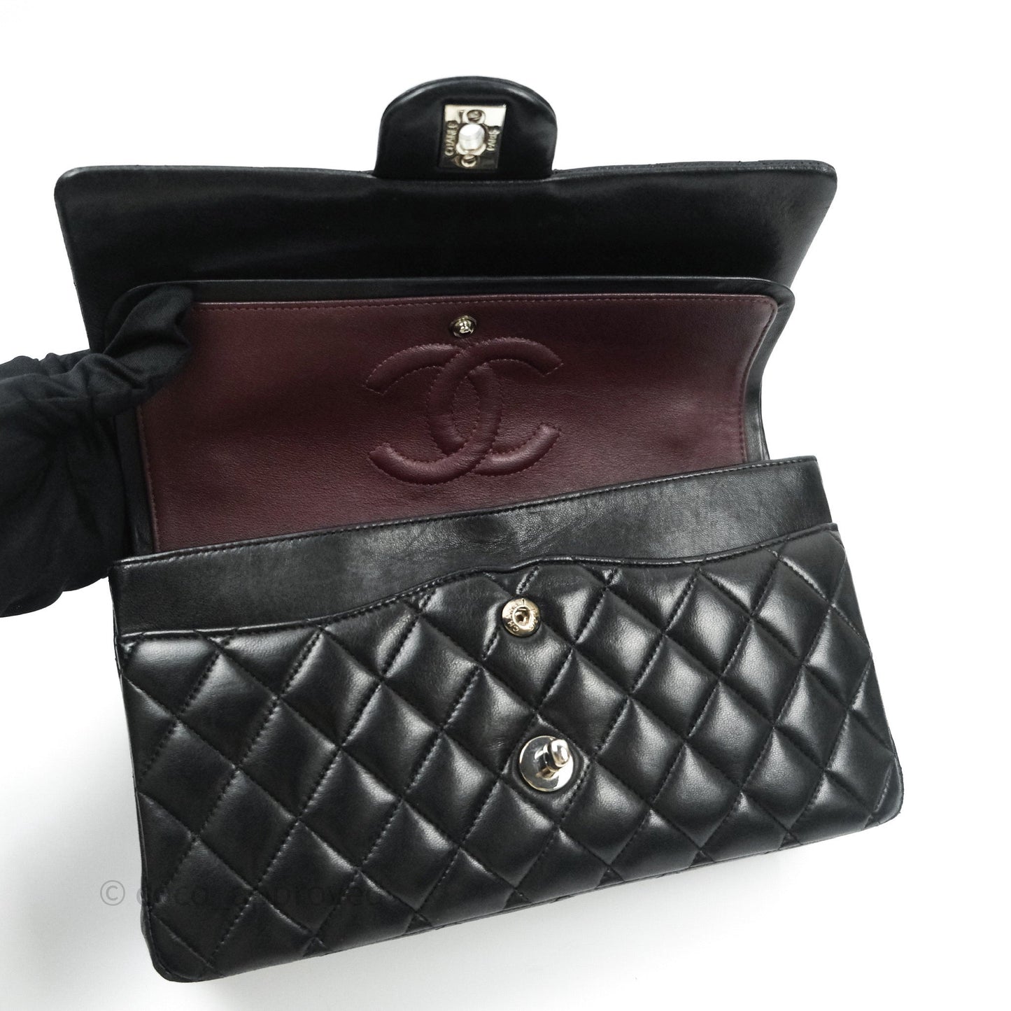 Chanel Classic M/L Medium Double Flap Black Lambskin Silver Hardware