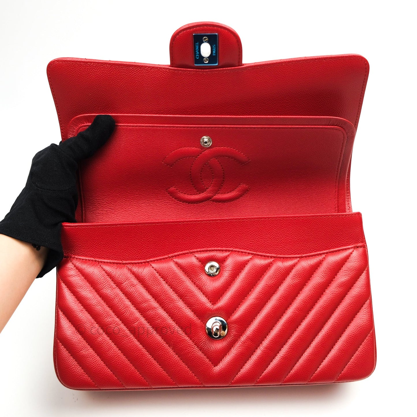 Chanel Quilted M/L Medium Double Flap Red Caviar Silver Hardware 16S