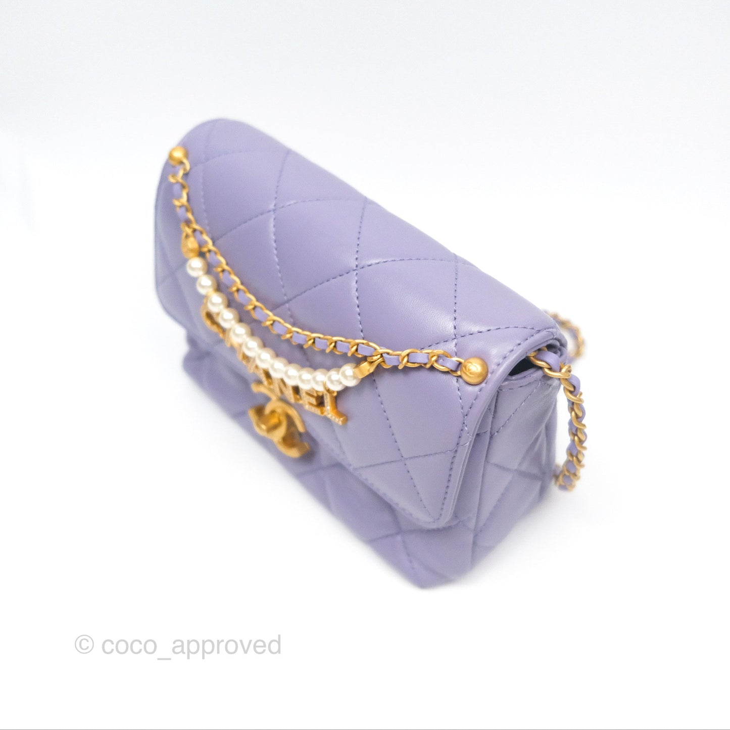Chanel Crystal Pearl Chain Mini Flap Bag Purple Lambskin Aged Gold Hardware