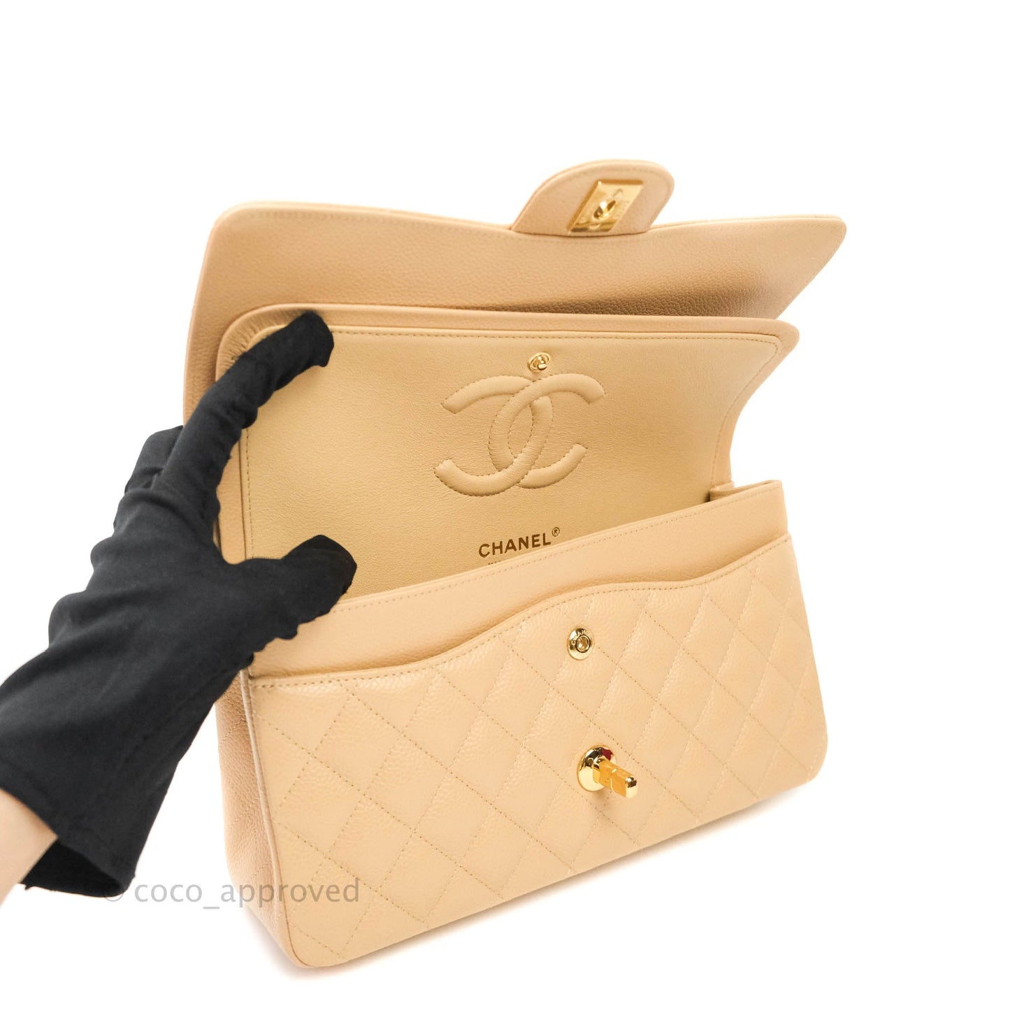 Chanel Classic M/L Medium Double Flap Bag Beige Caviar Gold Hardware