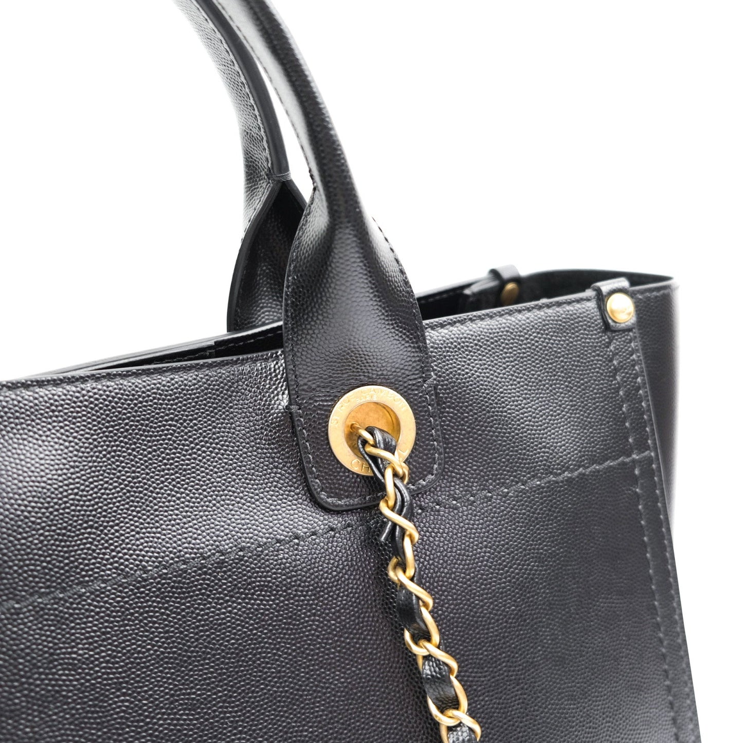 Chanel Small Studded Deauville Tote Black Caviar Gold Hardware
