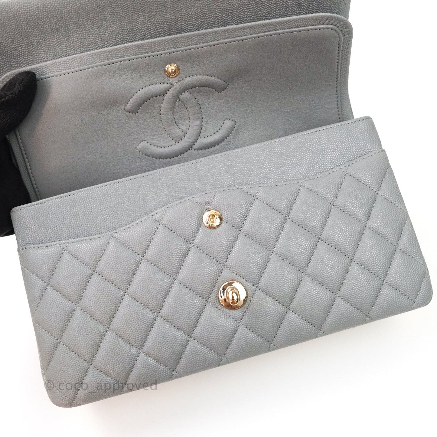Chanel Classic M/L Medium Double Flap Quilted Grey Caviar Gold Hardware 20C