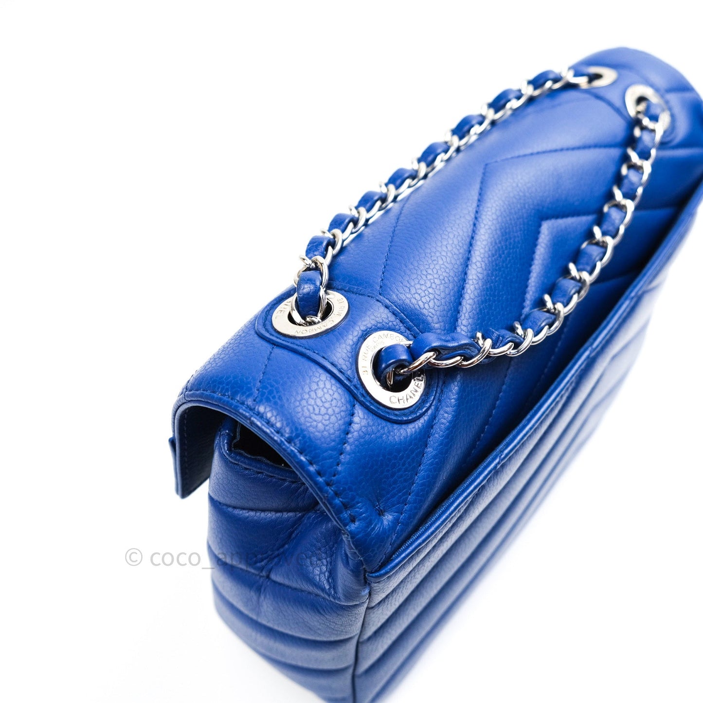 Chanel Chevron Quilted Medium Blue Grained Calfskin Silver Hardware