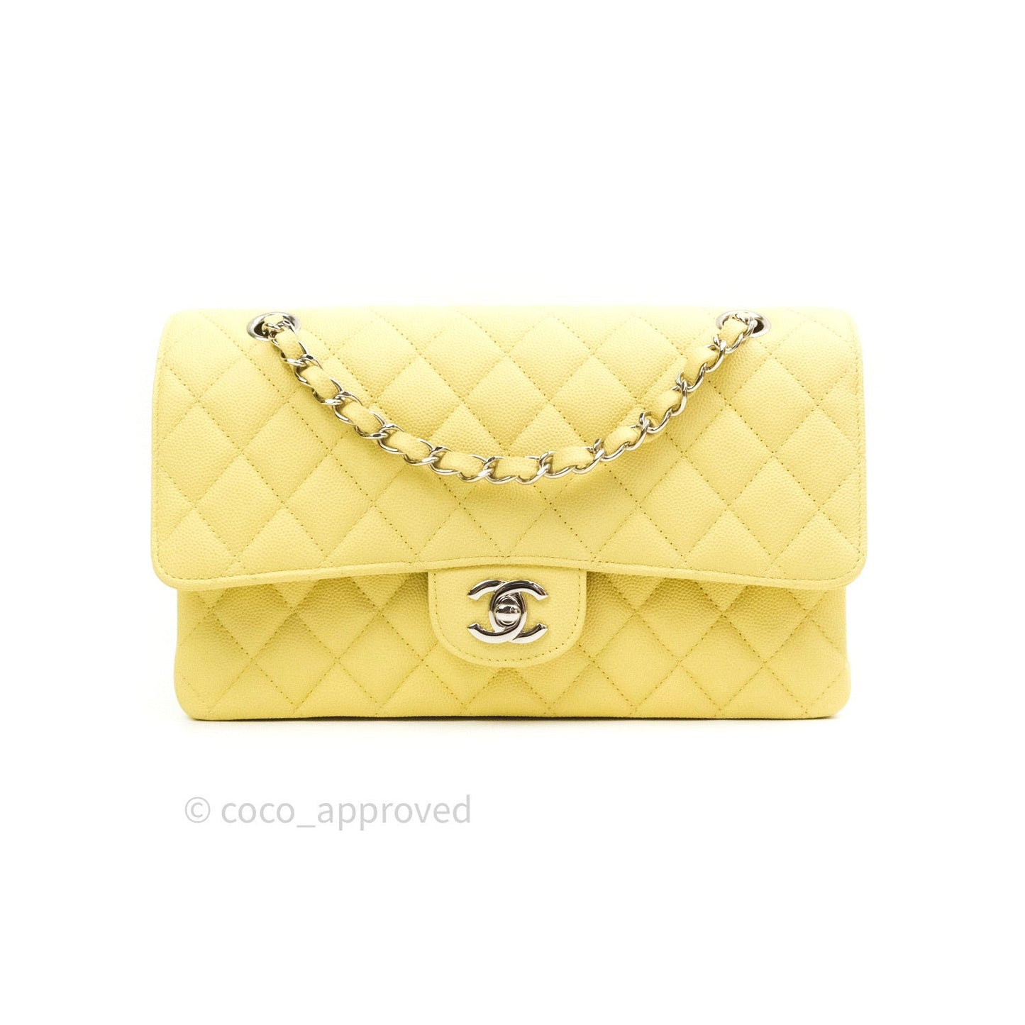 Chanel Classic M/L Medium Double Flap Bag Light Yellow Caviar Silver Hardware