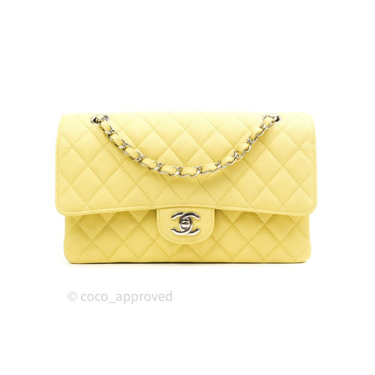 Chanel Classic M/L Medium Double Flap Bag Light Yellow Caviar Silver Hardware