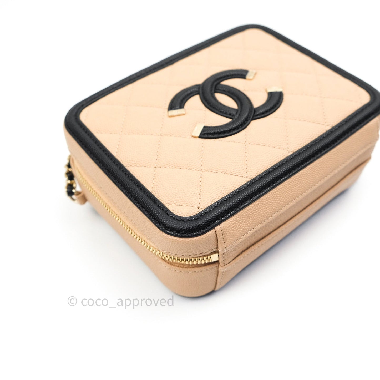 Chanel Quilted New Small CC Filigree Vanity Case Beige Caviar Gold Hardware
