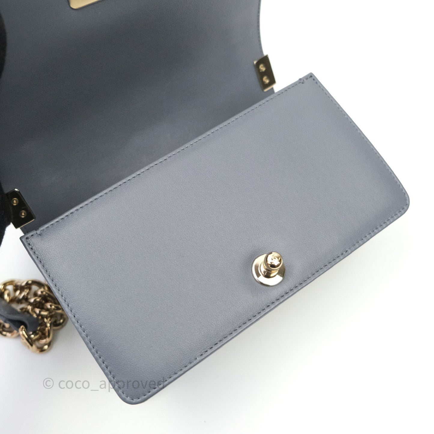 Chanel Small Boy Chevron Grey Calfskin Gold Hardware
