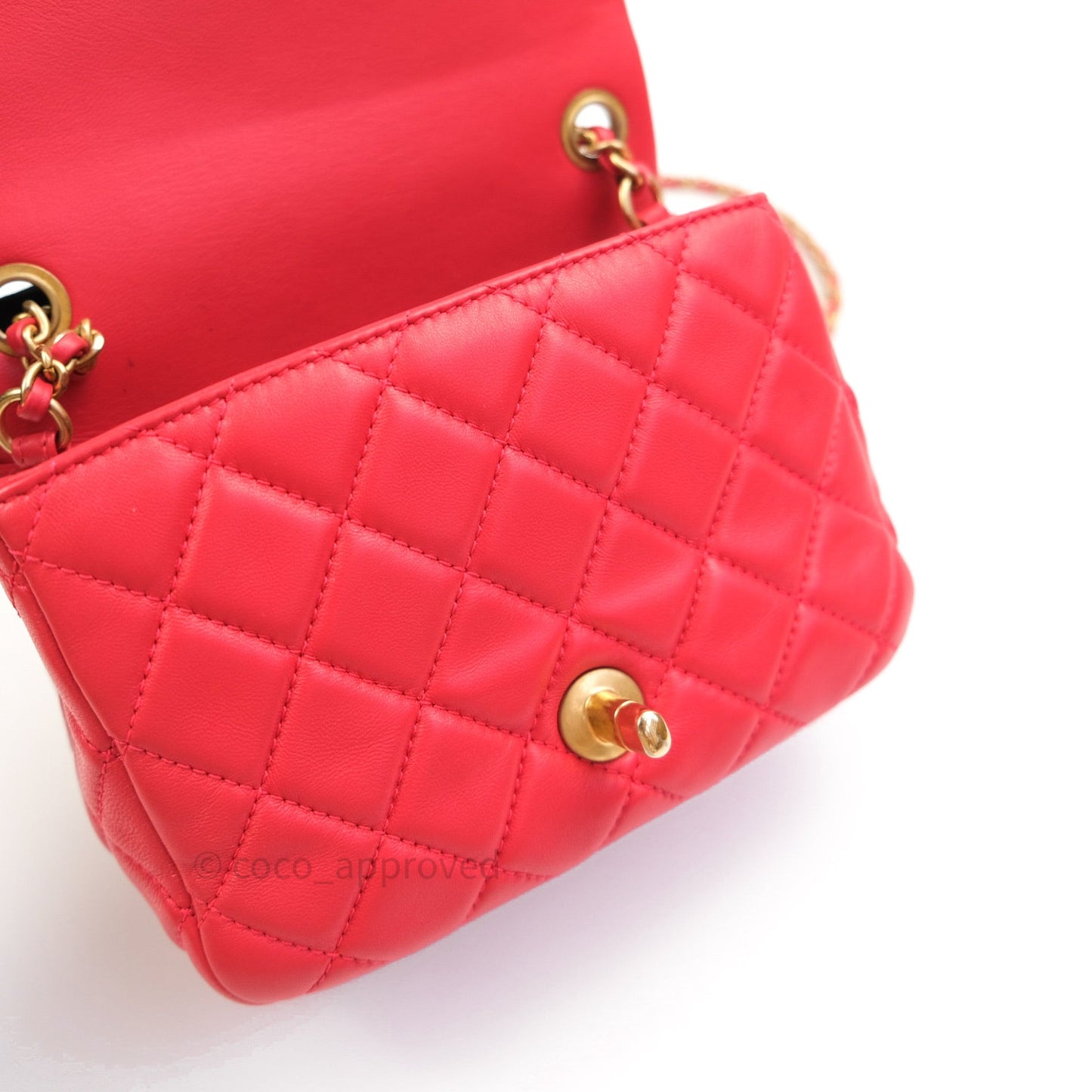 Chanel Mini Square Pearl Crush Quilted Red Lambskin Gold Hardware