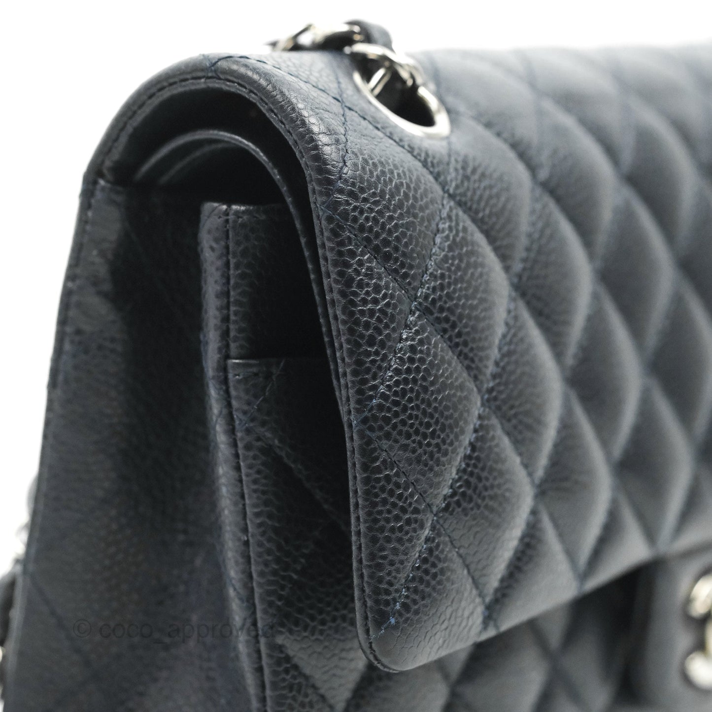 Chanel Quilted M/L Medium Double Flap Very Dark Navy Caviar Silver Hardware