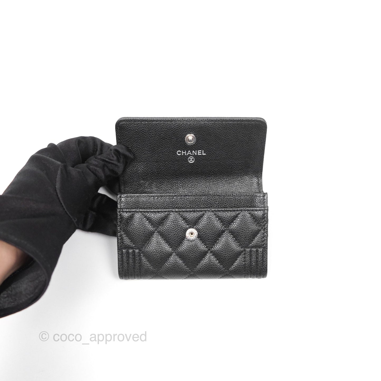 Chanel Quilted Boy Flap Card Holder Black Caviar Ruthenium Hardware