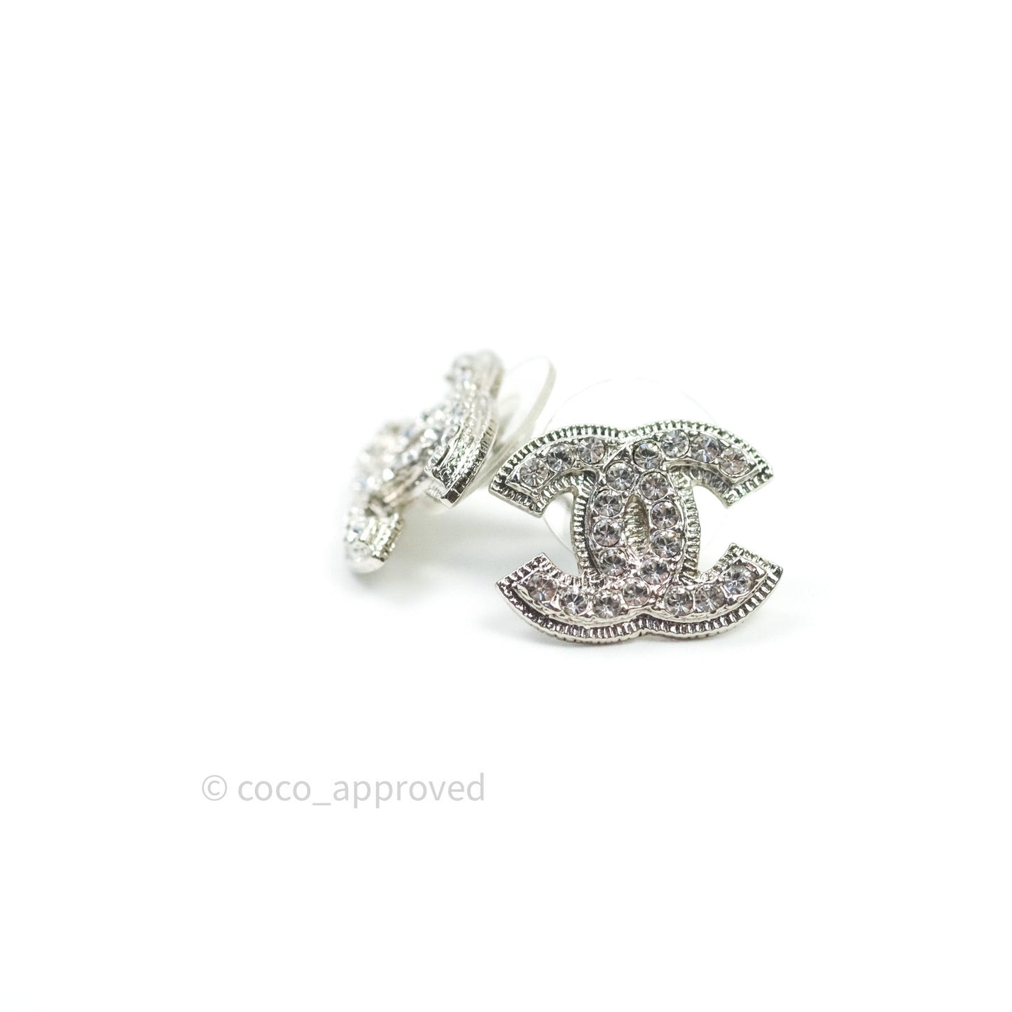 Chanel Crystal CC Earrings Silver Tone