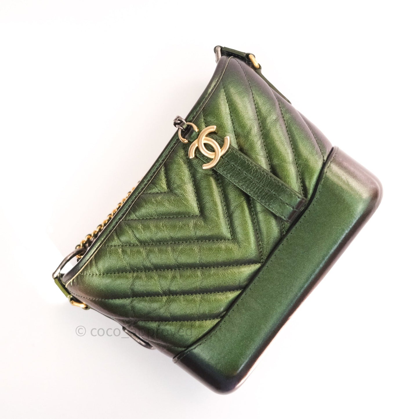Chanel Calfskin Chevron Small Gabrielle Hobo Iridescent Green Mixed Hardware