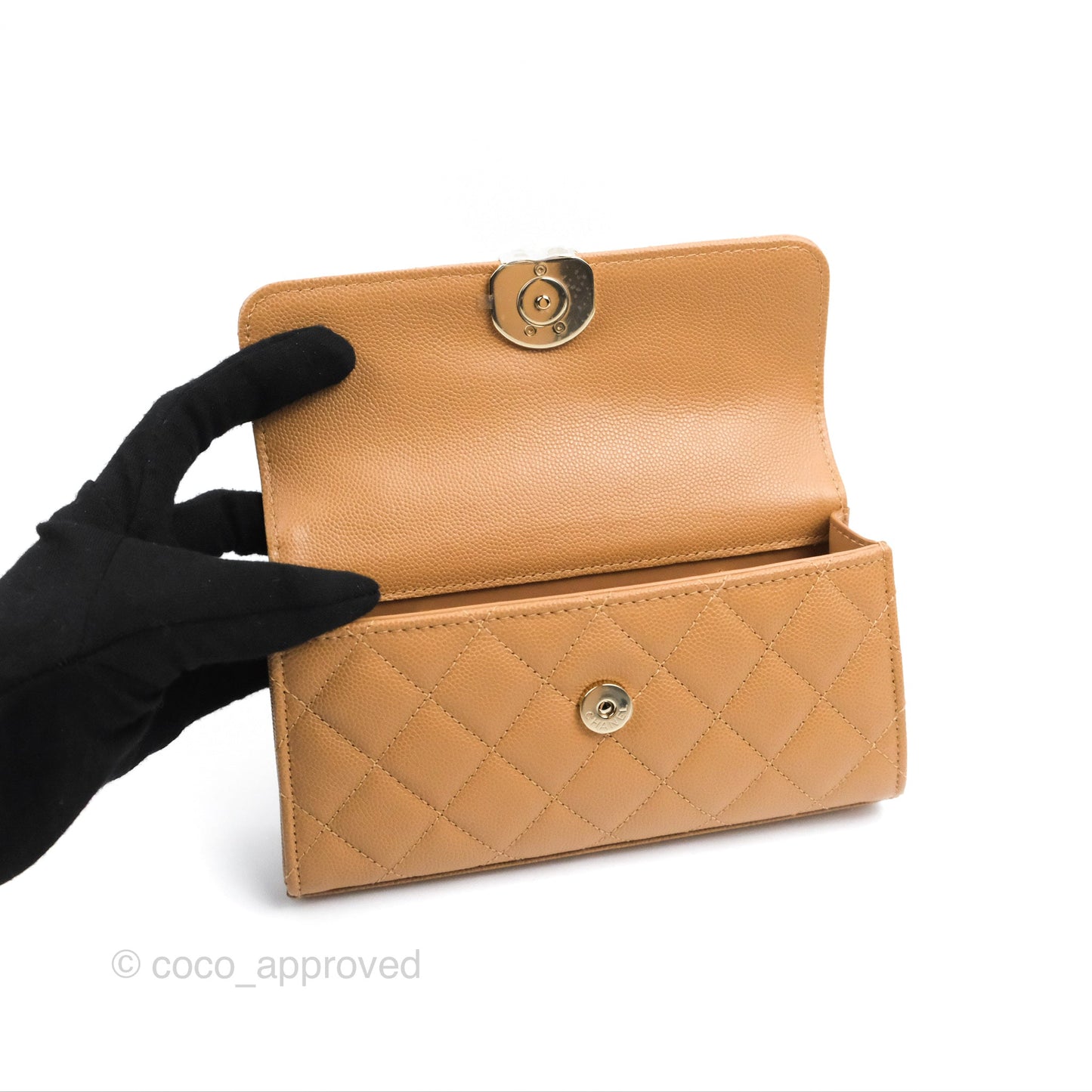 Chanel Top Handle Clutch with Chain Dark Beige Caviar Light Gold Hardware 23P