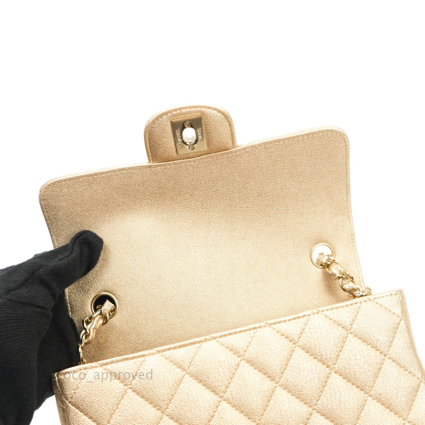 Chanel Quilted Mini Rectangular Metallic Champagne Gold Lambskin Gold Hardware