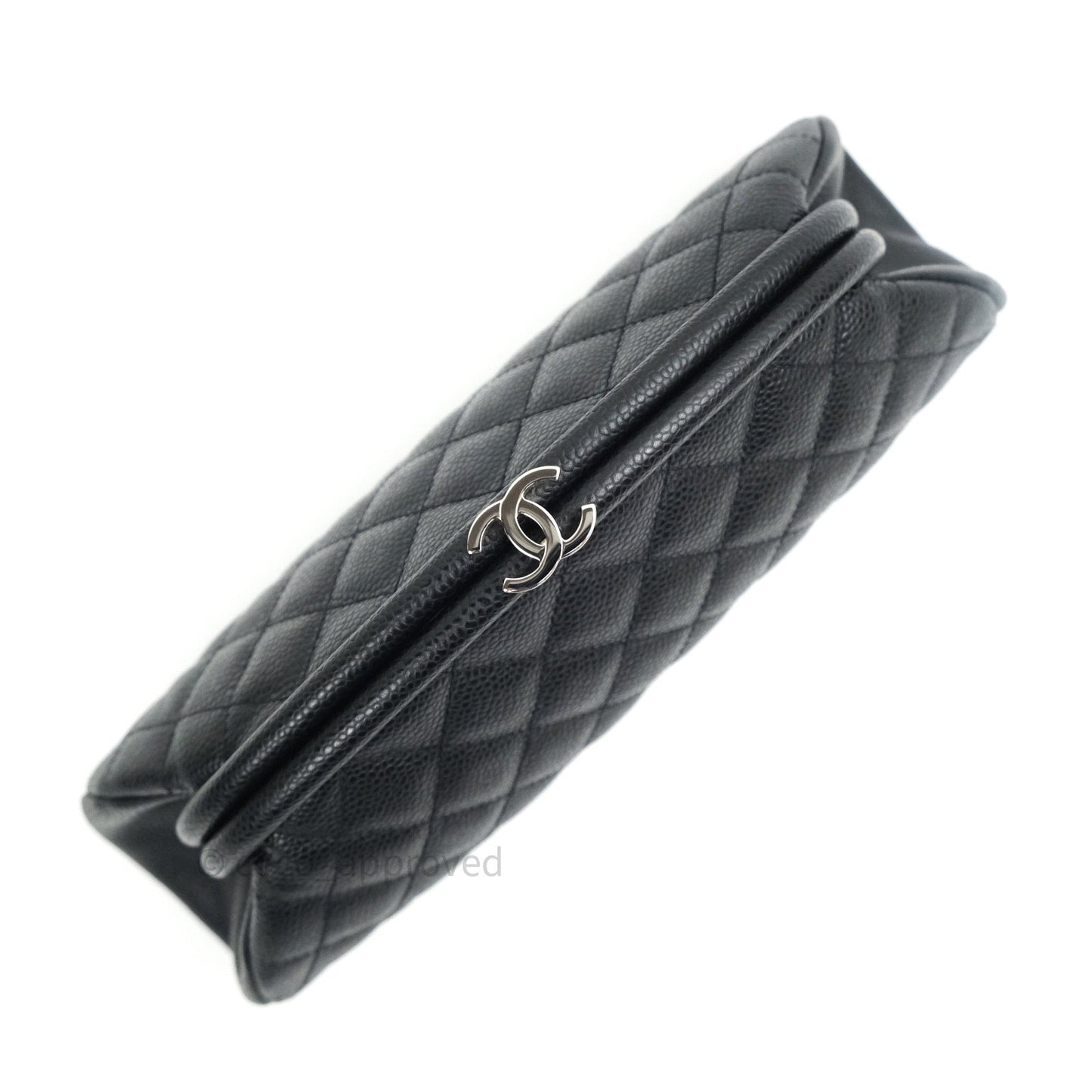 Chanel Quilted Timeless Kisslock Clutch Black Caviar Silver Hardware