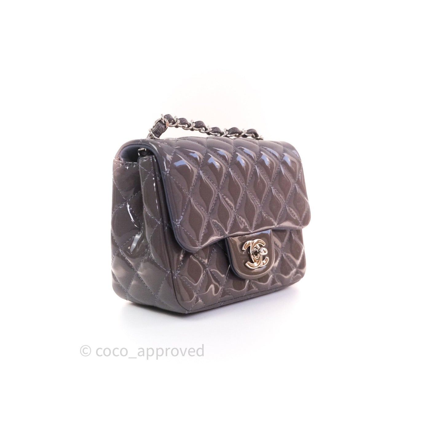 Chanel Mini Square Grey Patent Leather Silver Hardware