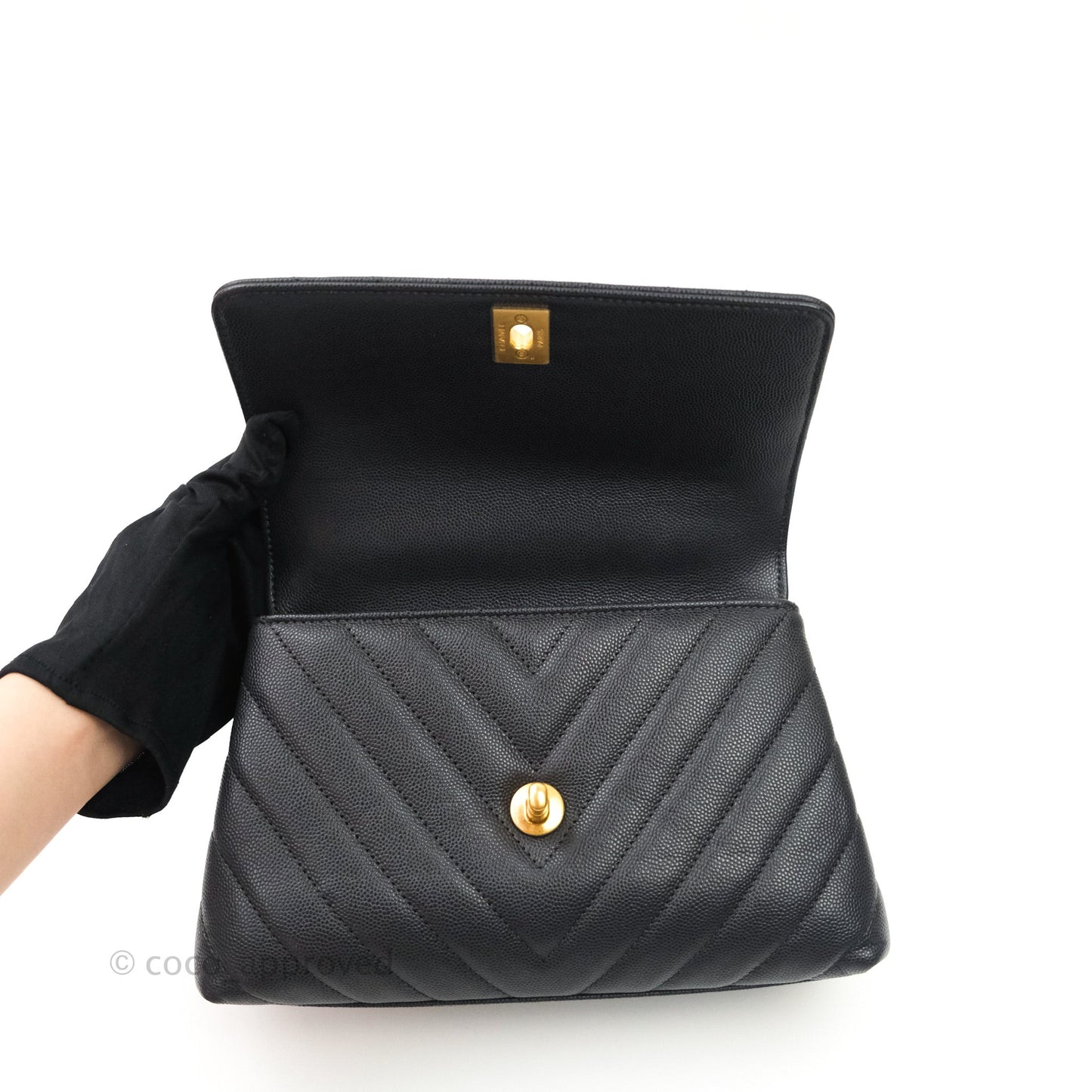 Chanel Quilted Mini Coco Handle Chevron Dark Grey Caviar Gold Hardware