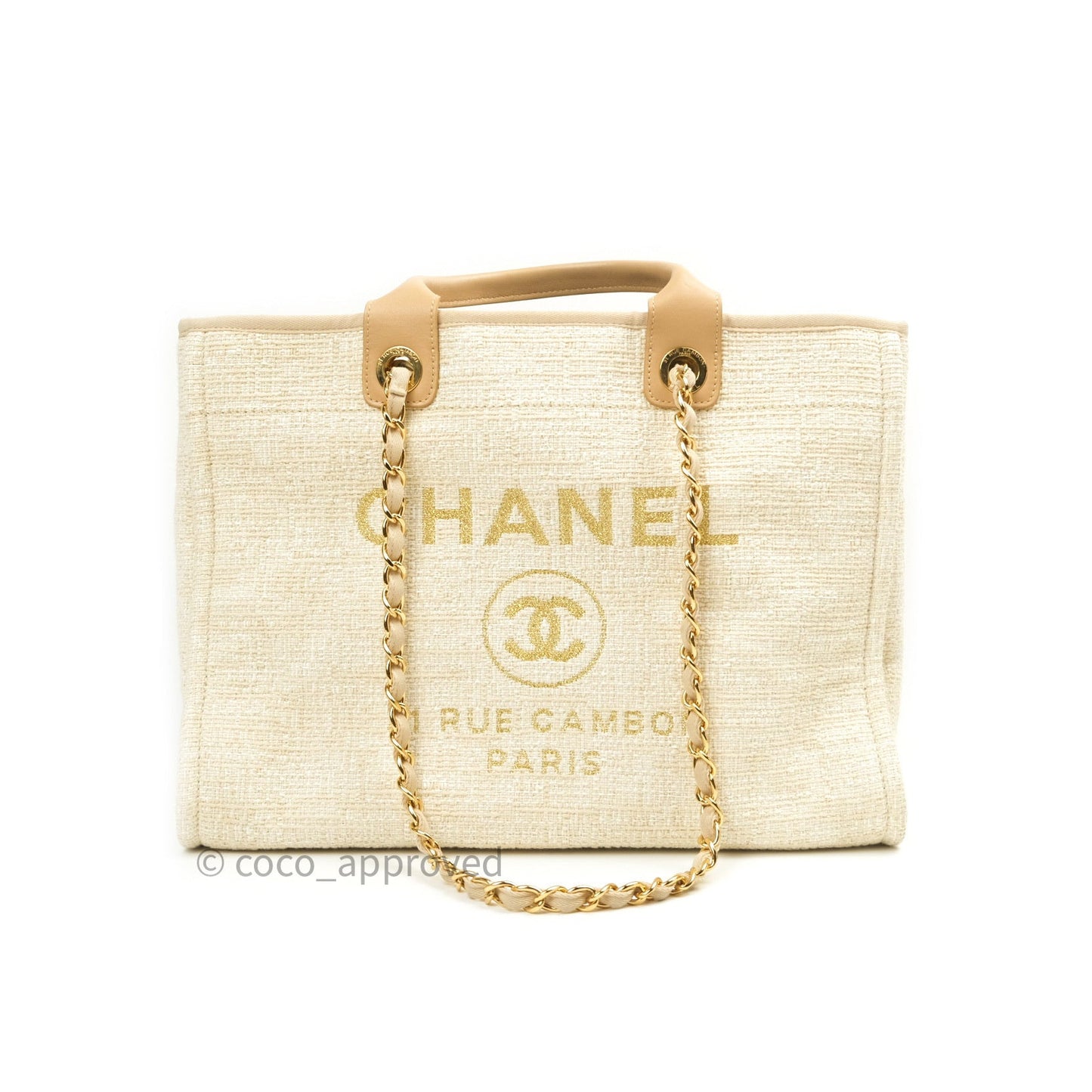 Chanel Canvas Large Deauville Tote Ivory Beige Nude Handles