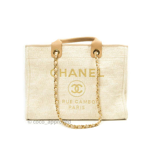 Chanel Canvas Large Deauville Tote Ivory Beige Nude Handles