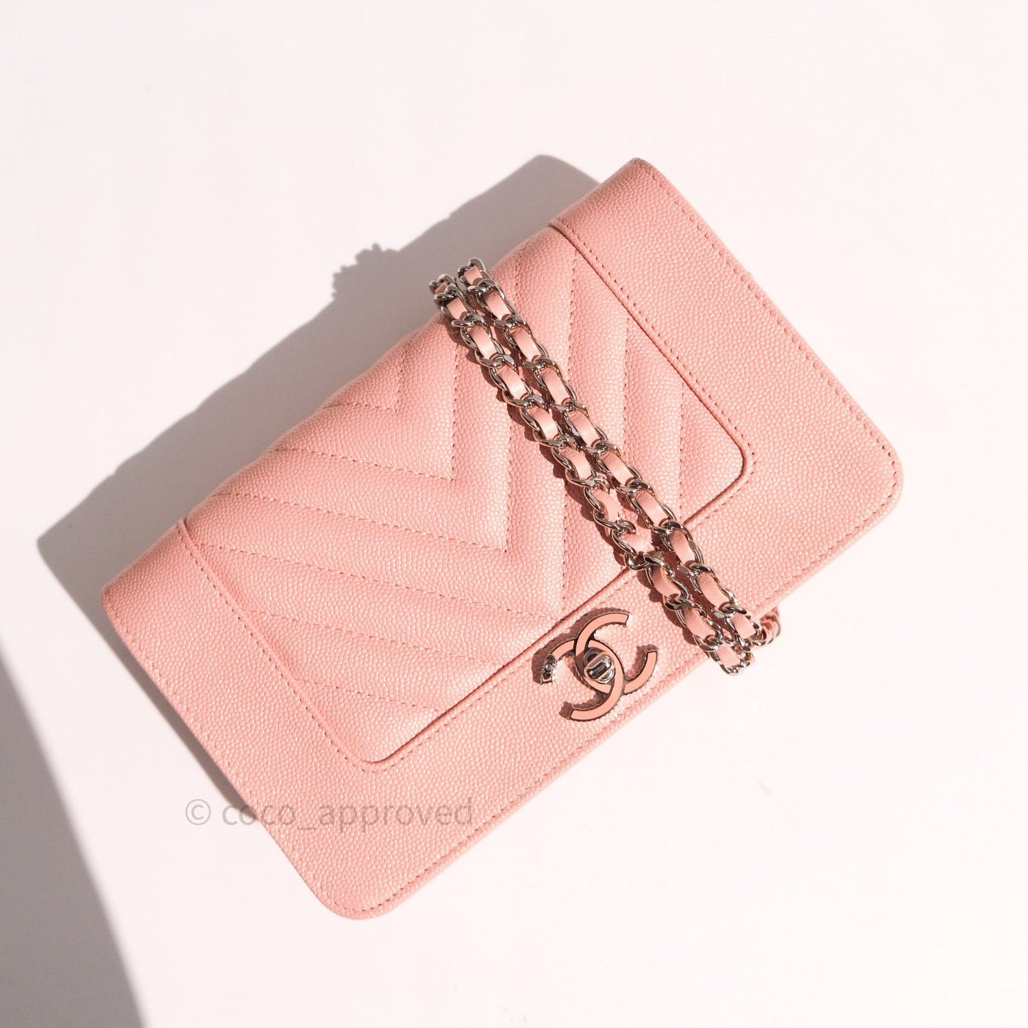 Chanel Chevron Wallet on Chain WOC Rose Gold Caviar Silver Hardware 19P