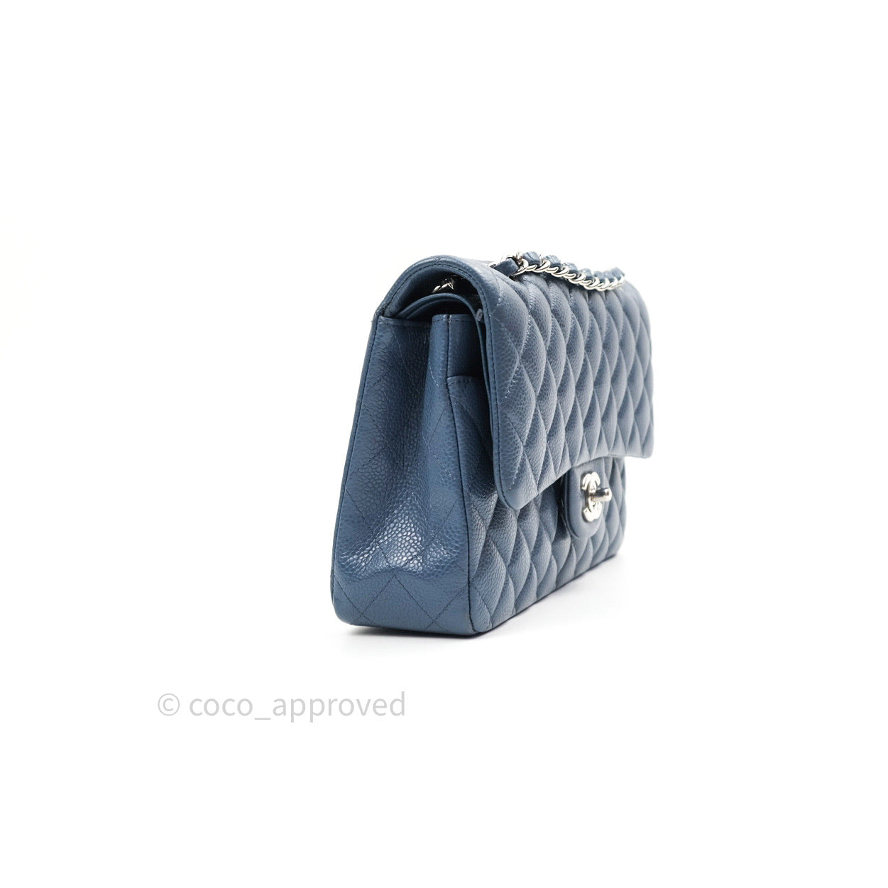 Chanel Classic Double Flap Quilted M/L Blue Caviar Silver Hardware
