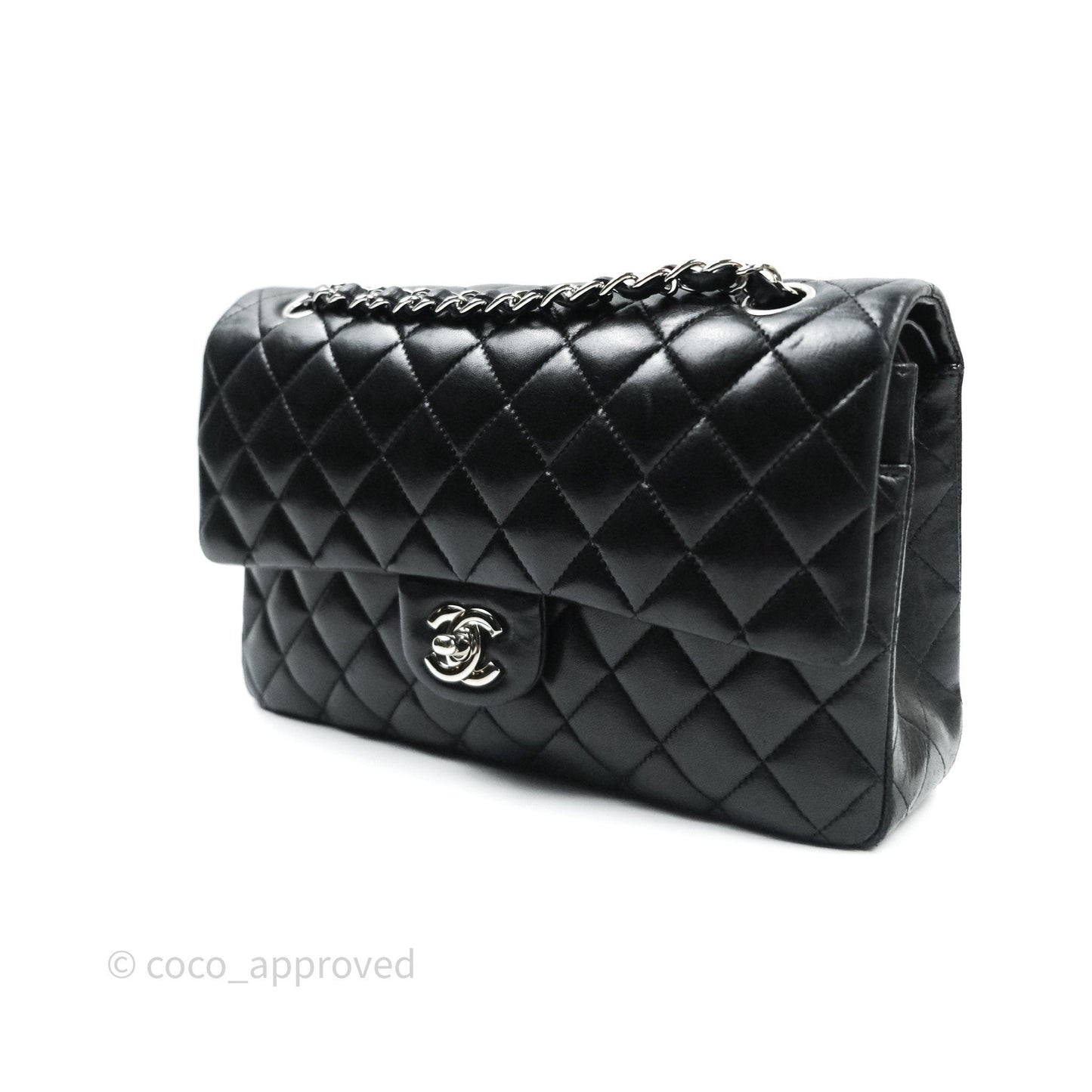 Chanel Classic M/L Medium Double Flap Black Lambskin Silver Hardware