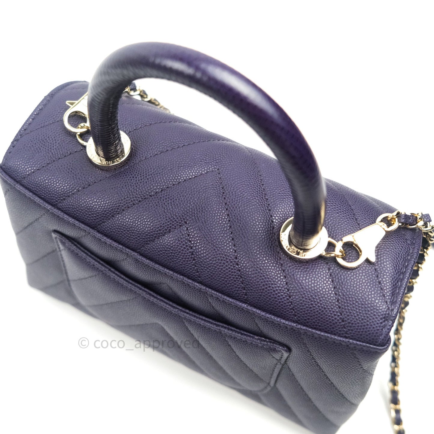 Chanel Mini Coco Handle Chevron Purple Caviar Quilted Gold Hardware