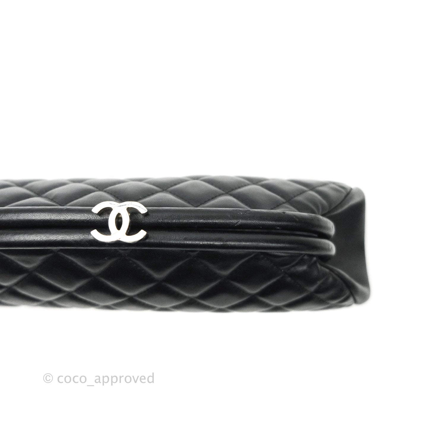 Chanel Quilted Timeless Kisslock Clutch Black Lambskin Silver Hardware