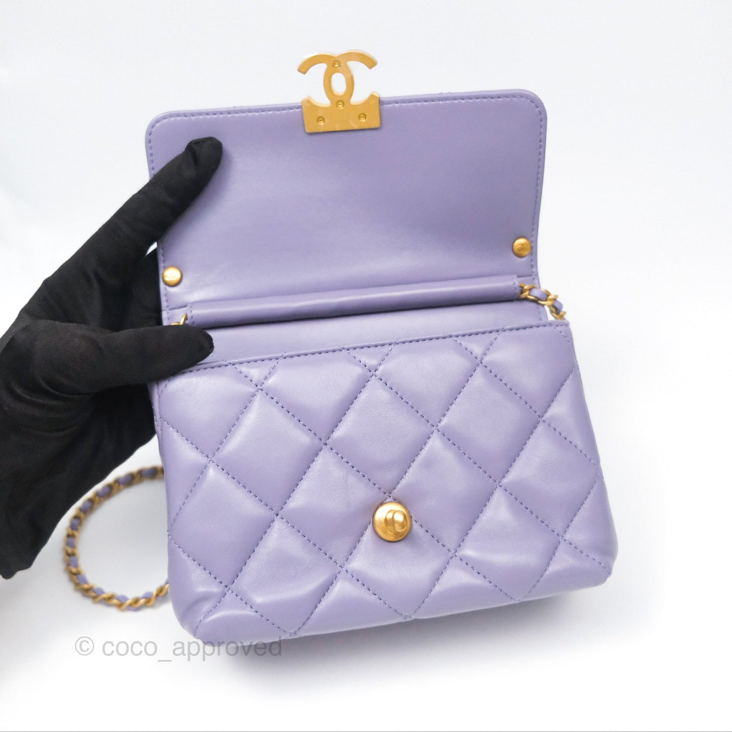 Chanel Crystal Pearl Chain Mini Flap Bag Purple Lambskin Aged Gold Hardware