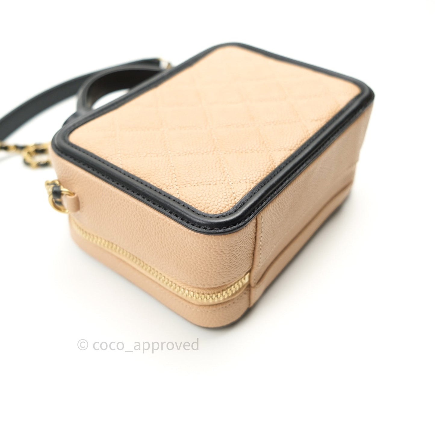 Chanel Quilted Small CC Filigree Vanity Case Beige Black Caviar