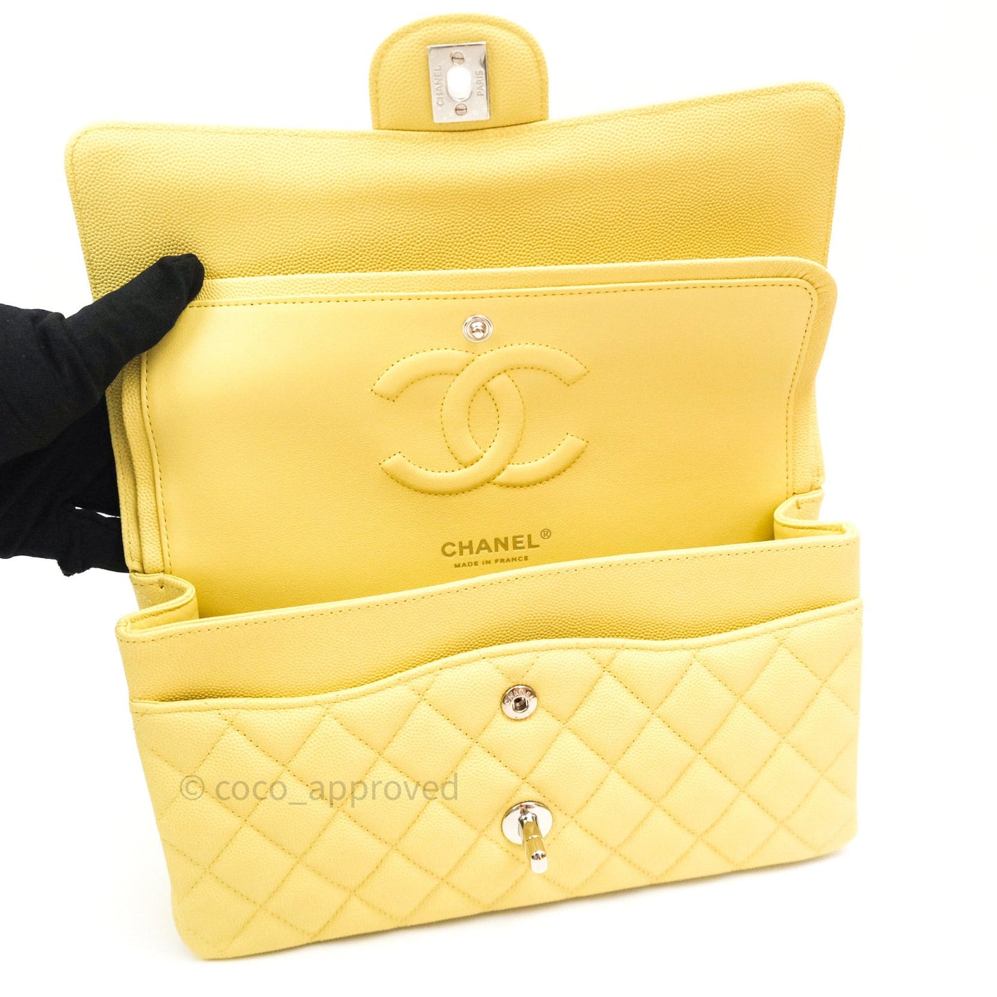 Chanel Classic M/L Medium Double Flap Bag Light Yellow Caviar Silver Hardware