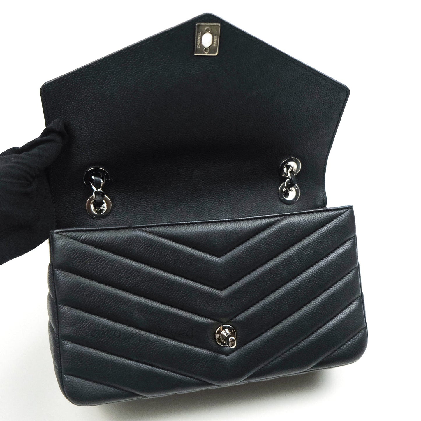 Chanel Medium Chevron Grained Calfskin Black Silver Hardware
